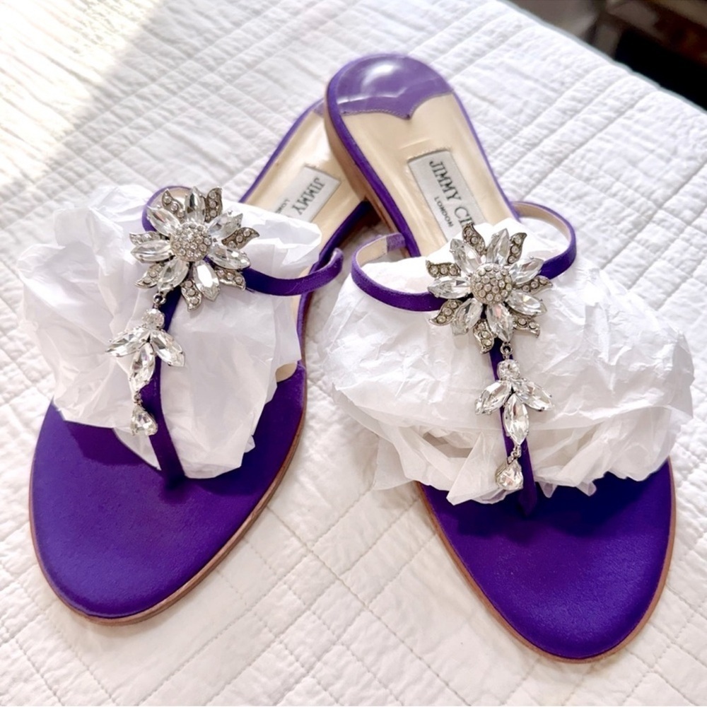 Jimmy Choo Violet Satin Sandals with Rhinestone Encrusted Flowers